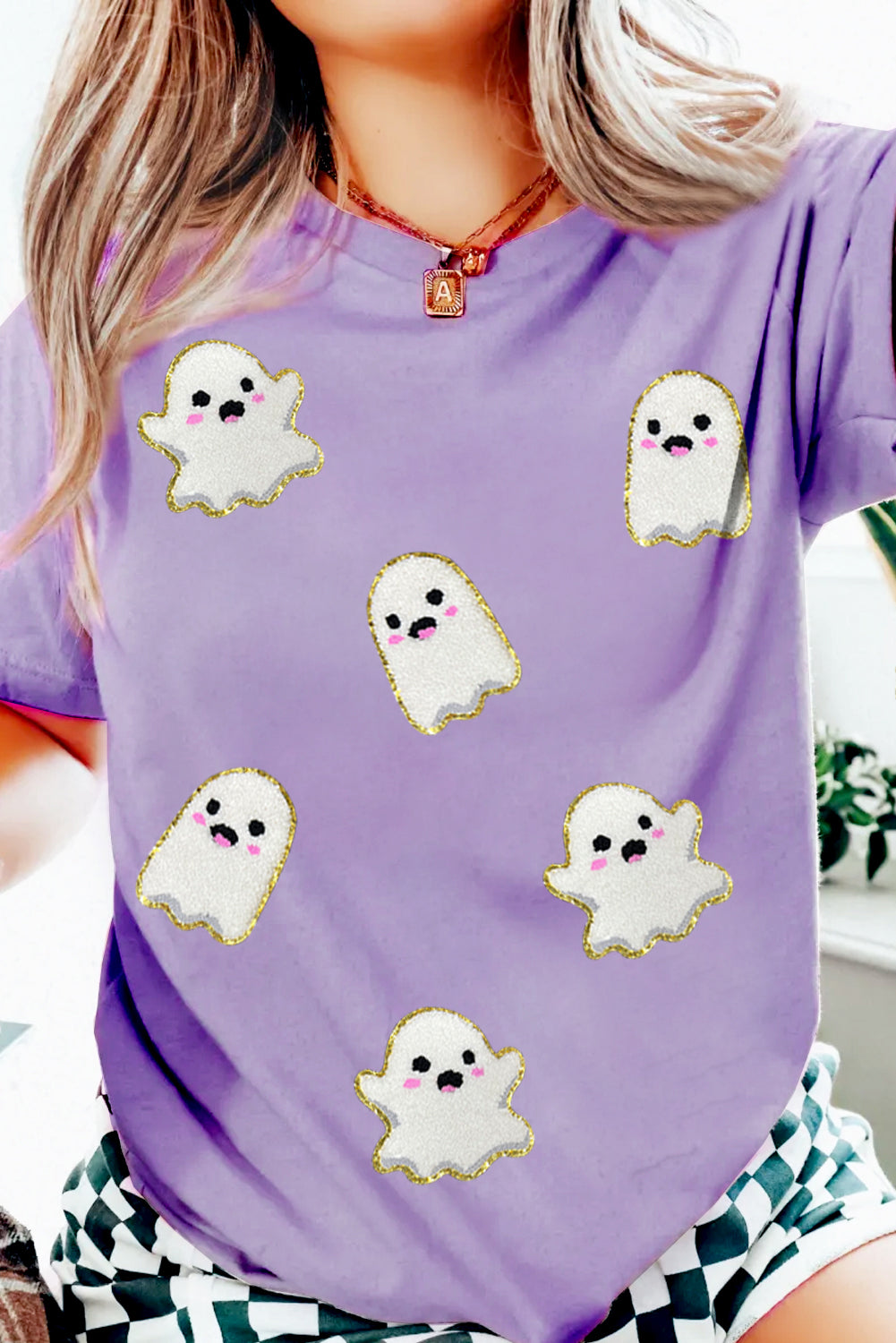 Wisteria Glitter Trim Chenille Ghost Patched Halloween Graphic Tee