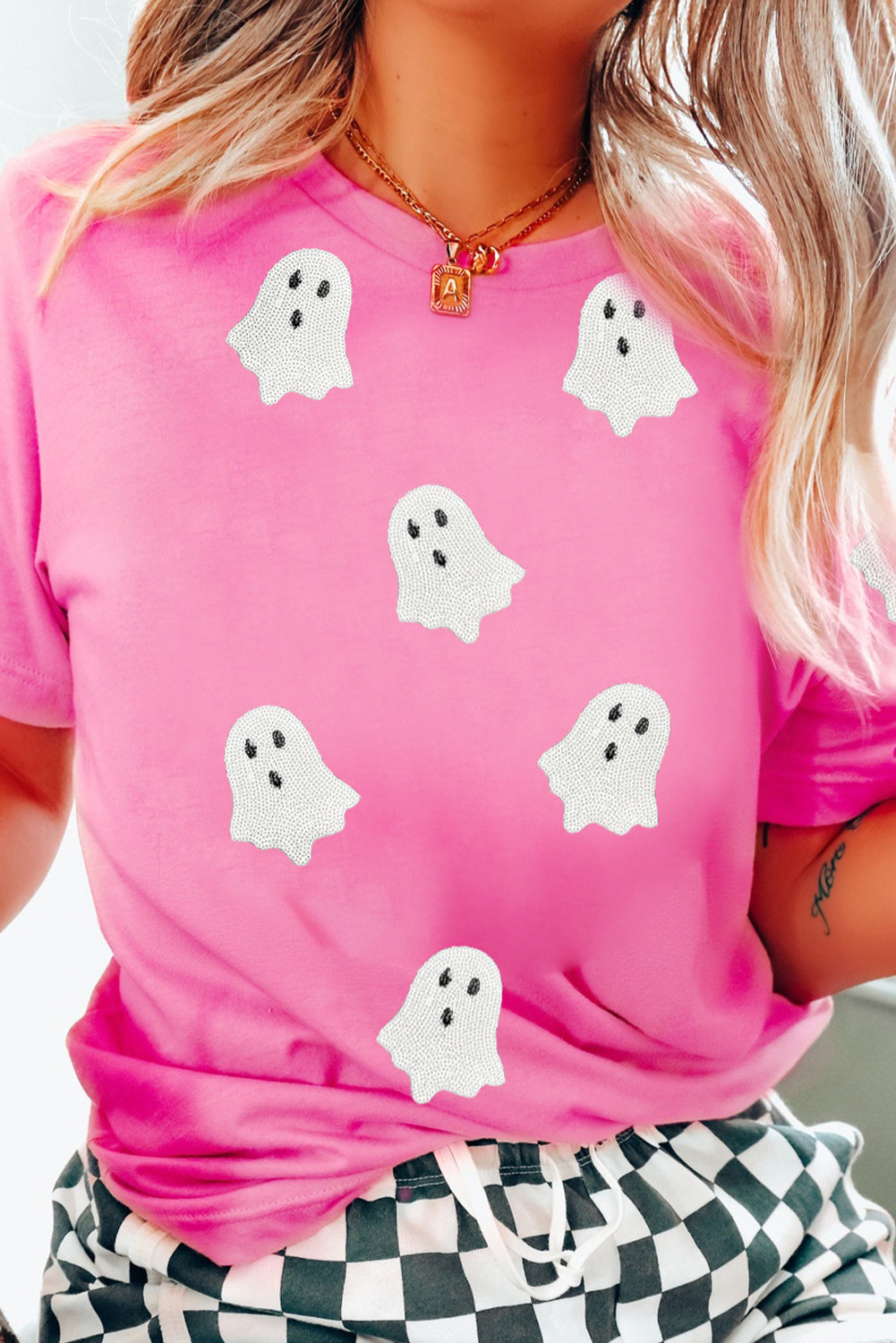 Sachet Pink Sequin Halloween Ghost Patched Casual T Shirt