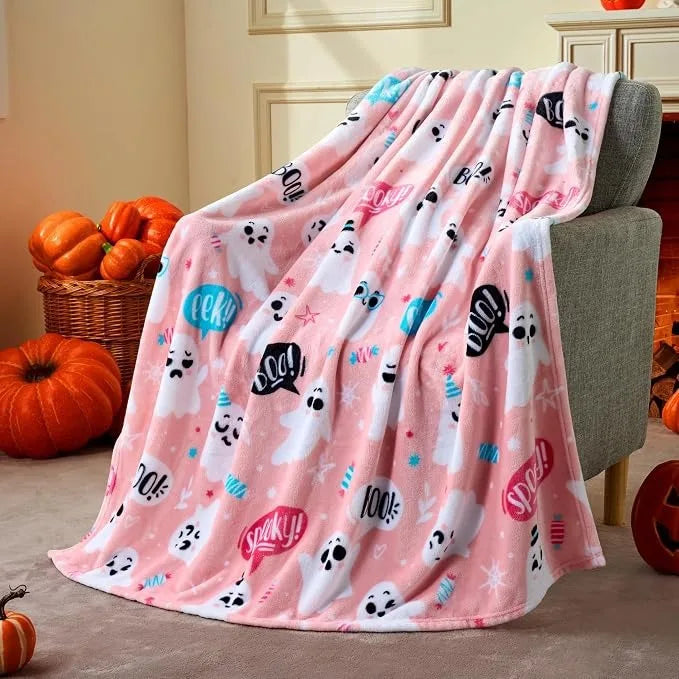 Halloween Blanket Ghost Pumpkin Skull Grey Holiday Decoration Throw Party Fleece Cozy Bedding For Bed Sofa Couch Travel Gift