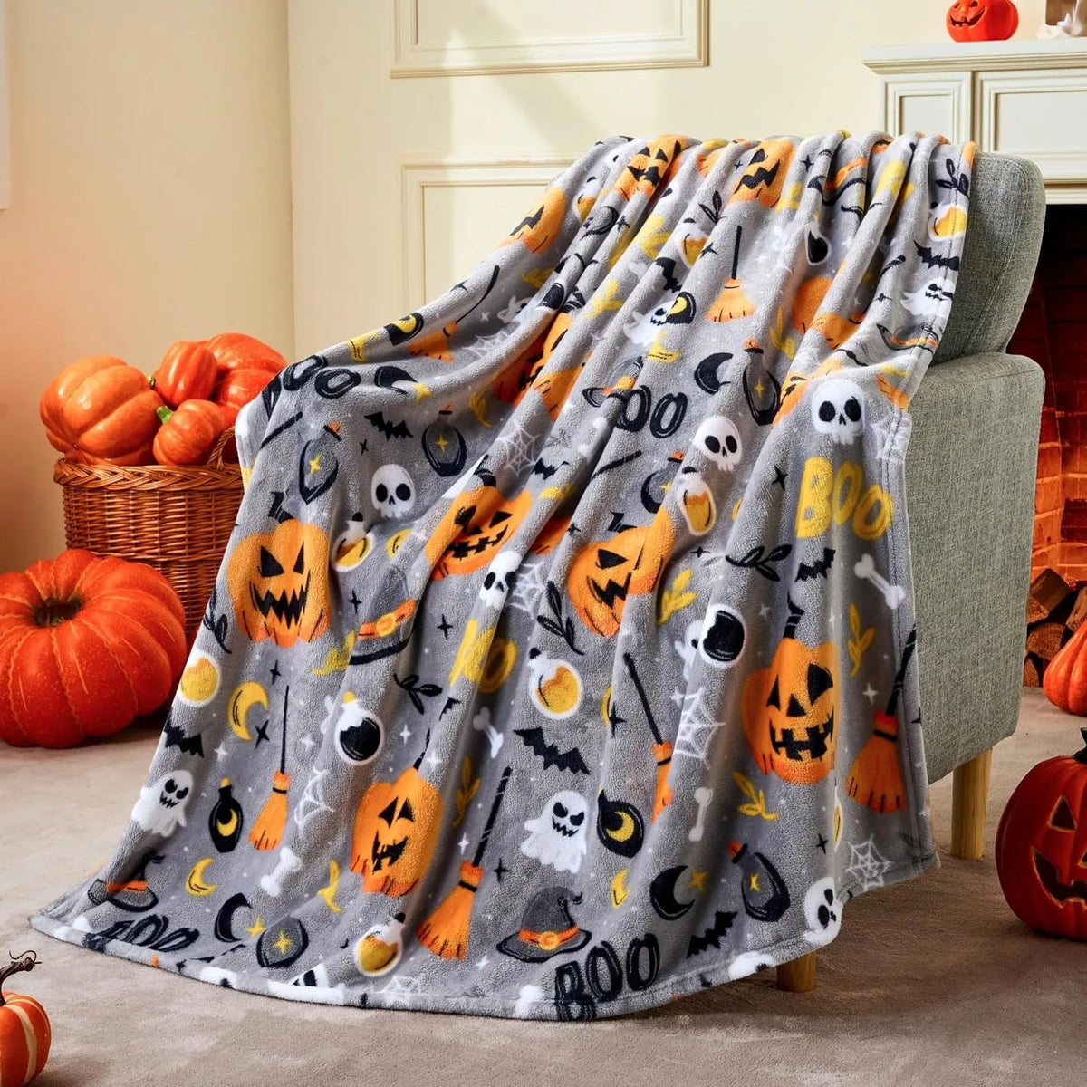 Halloween Blanket Ghost Pumpkin Skull Grey Holiday Decoration Throw Party Fleece Cozy Bedding For Bed Sofa Couch Travel Gift