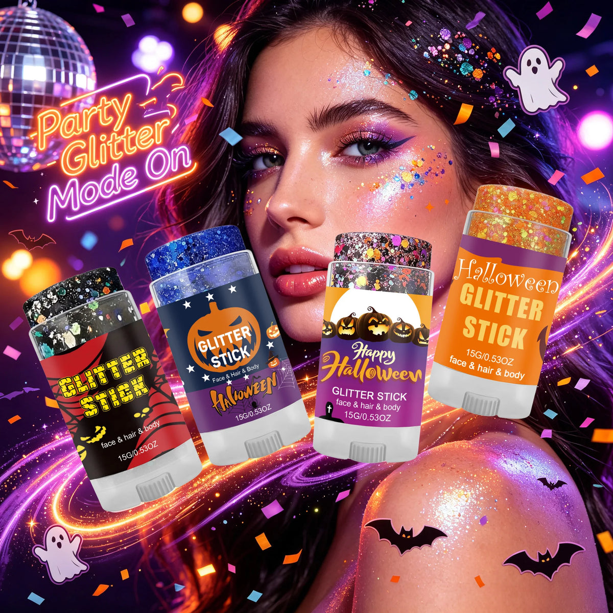 Mess-Free Glitter Stick Washable Face Body Hair Shimmer Crayon Non-Toxic Halloween Cosplay Party Makeup Sparkling SequinsGlitter