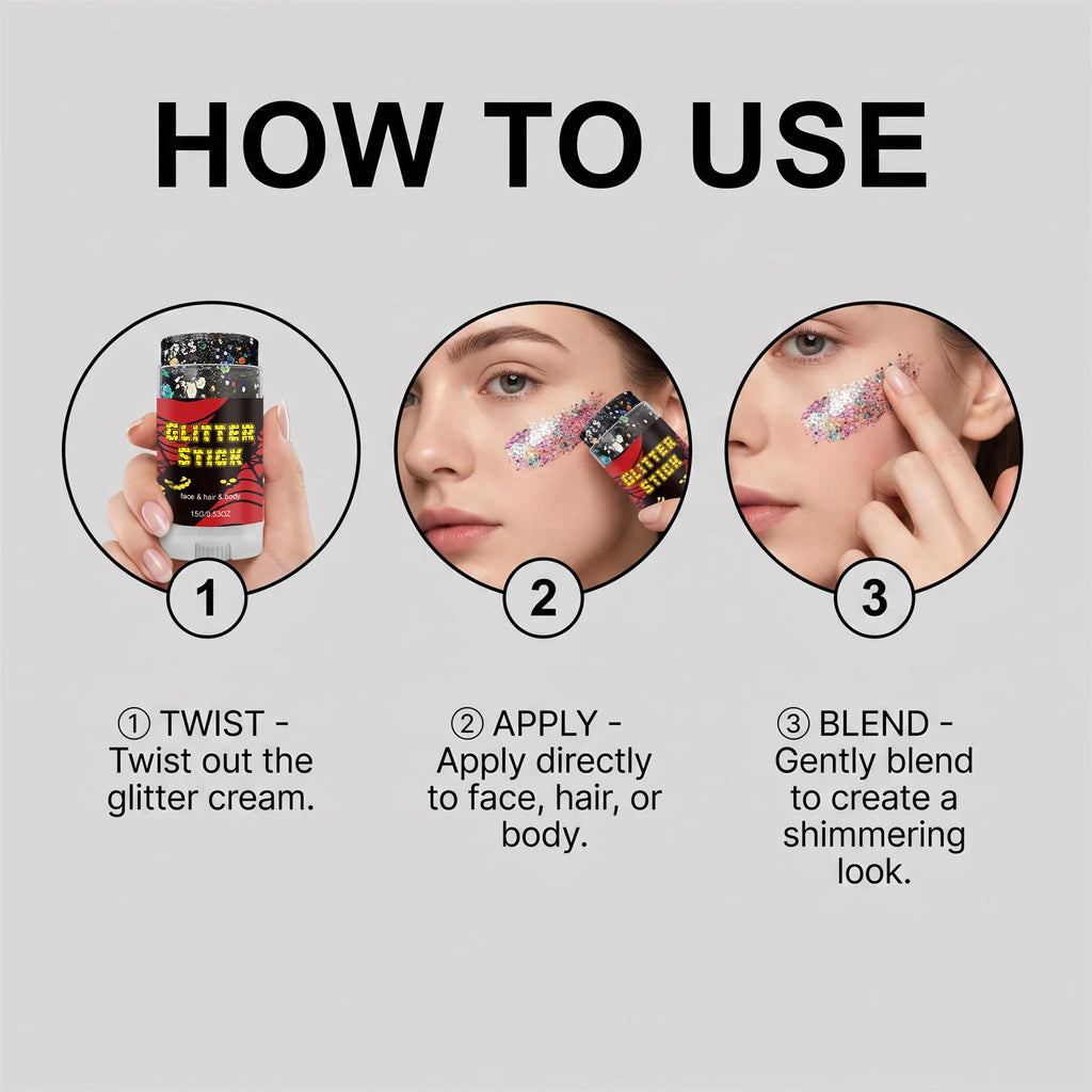 Mess-Free Glitter Stick Washable Face Body Hair Shimmer Crayon Non-Toxic Halloween Cosplay Party Makeup Sparkling SequinsGlitter