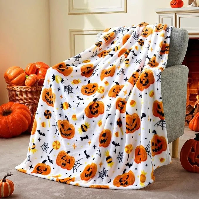 Halloween Blanket Ghost Pumpkin Skull Grey Holiday Decoration Throw Party Fleece Cozy Bedding For Bed Sofa Couch Travel Gift