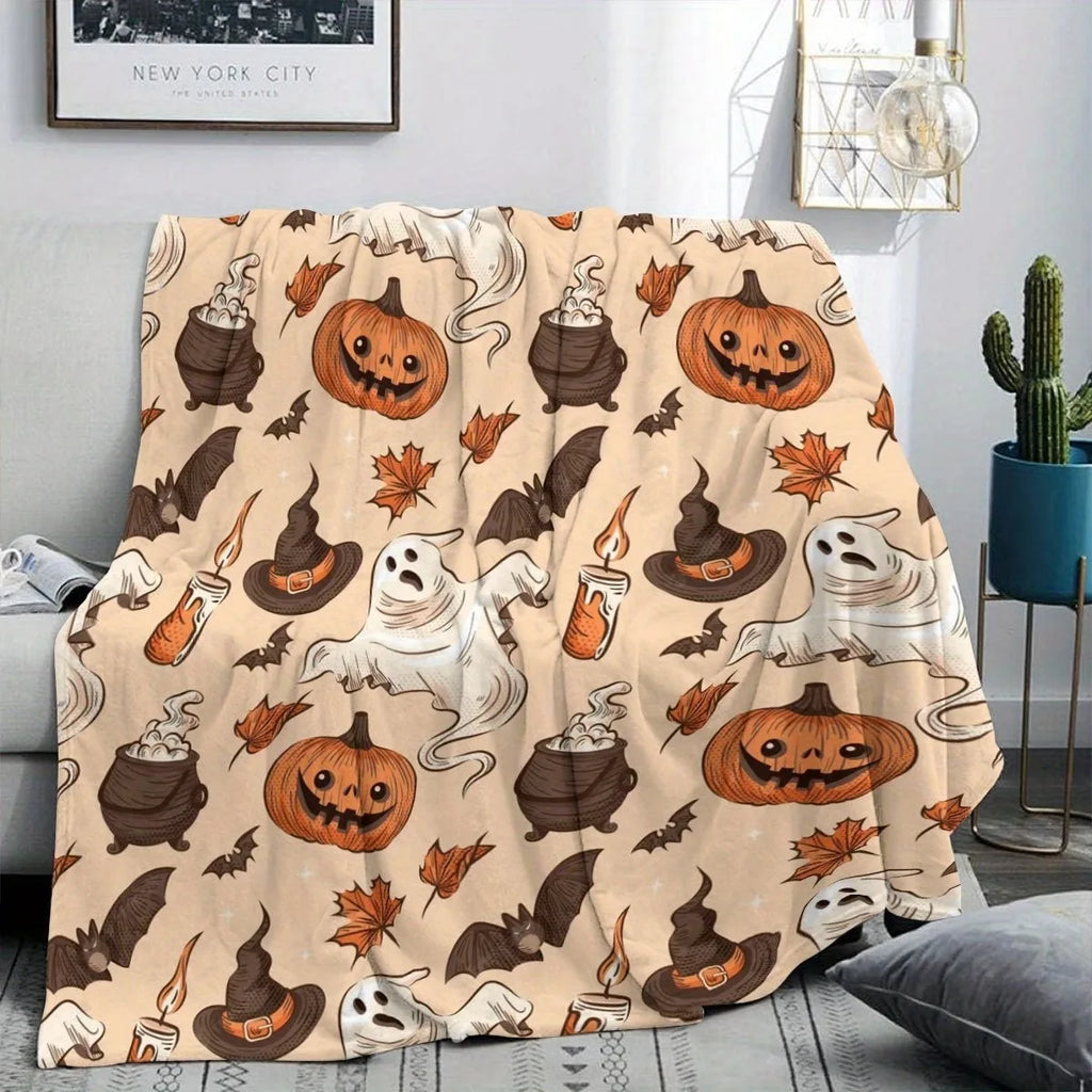Halloween Blanket Ghost Pumpkin Skull Grey Holiday Decoration Throw Party Fleece Cozy Bedding For Bed Sofa Couch Travel Gift