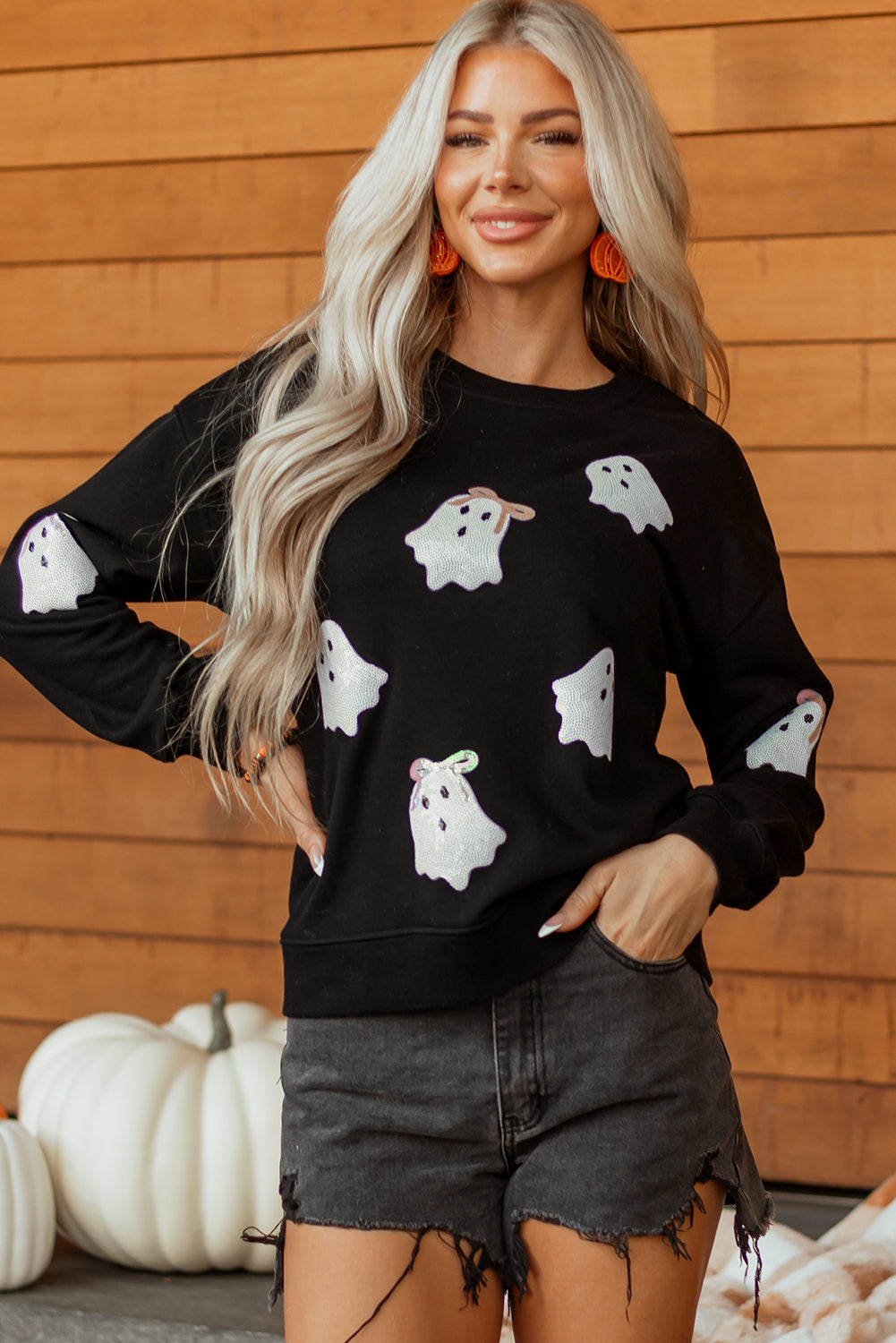 Black Sequin Cute Bow Ghost Graphic Crew Neck Halloween Sweatshirt